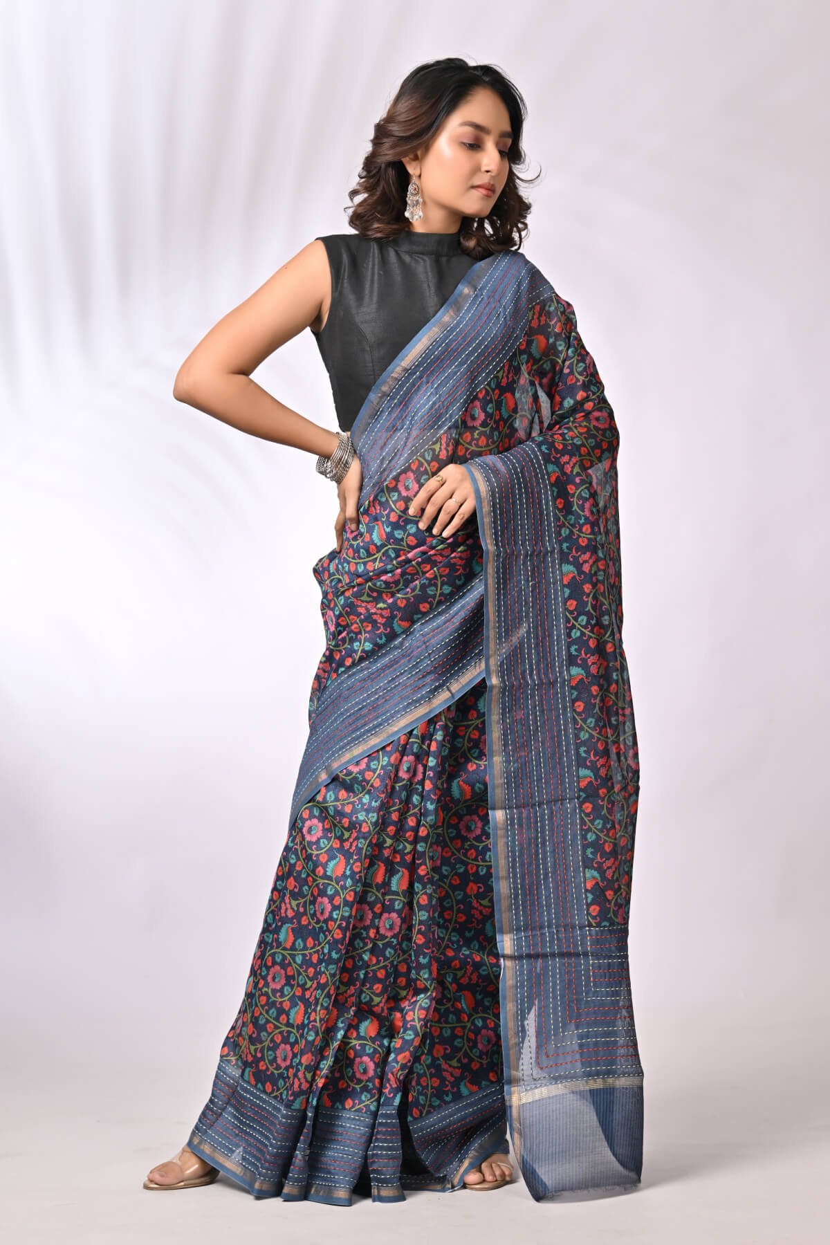 Beige Eco Print Floral Pure Tussar Kantha Saree